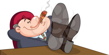 Happy boss smoking cigar with legs over table