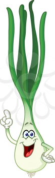 Happy cartoon green onion pointing with his finger