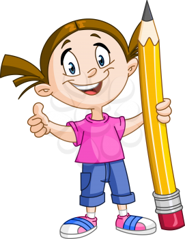Young girl holding a big pencil and showing thumb up