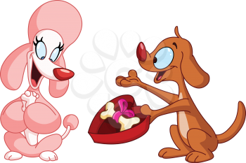 Happy dog giving a bone in an heart gift box to his poodle girlfriend