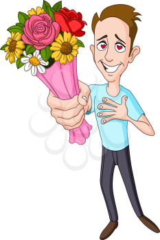 In love man giving bouquet of flowers