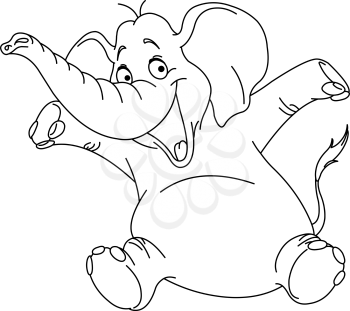 Outlined cheerful elephant raising his hands. Vector illustration coloring page.