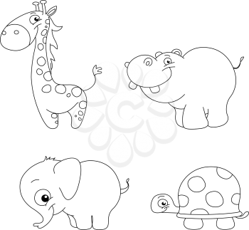 Outlined cute animal set: giraffe, hippopotamus, elephant and turtle