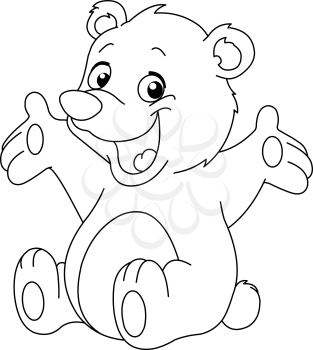 Outlined happy teddy bear raising his arms. Coloring page