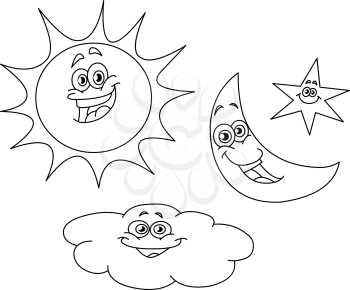 Outlined sun moon star and cloud set