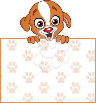 Cute puppy holding a footprint pattern sign