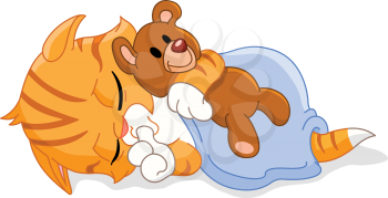 Cute sleeping kitten hugging his teddy bear