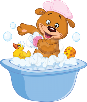 Teddy bear taking a bath