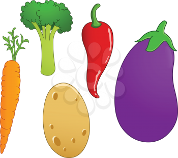 Vegetable set: carrot, broccoli, chili pepper, eggplant and potato