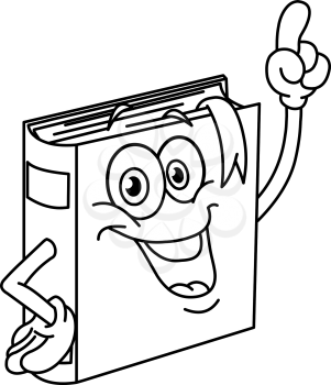 Outlined book cartoon pointing with his finger. Vector illustration coloring page.