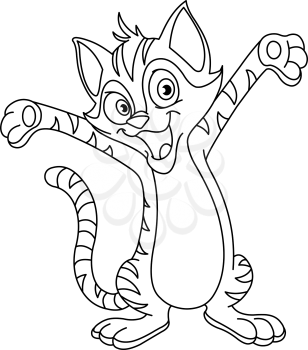 Outlined happy cat raising his hands. Vector illustration coloring page.