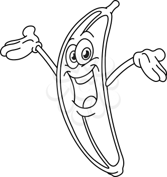 Cheerful outlined cartoon banana raising his arms. Vector illustration coloring page.