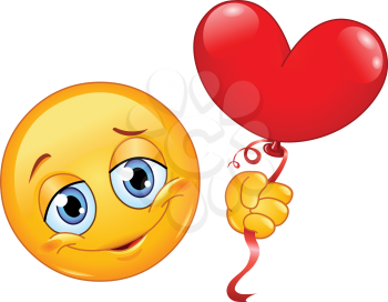 Emoticon holding a heart shape balloon