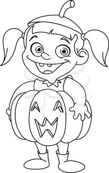 Outlined cute young girl in a pumpkin costume celebrating Halloween