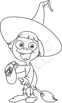 Outlined trick or treating witch girl