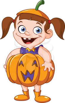 Cute young girl in a pumpkin costume celebrating Halloween