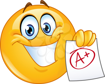 Happy emoticon showing a paper with perfect grade a plus 