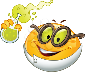 Scientist emoticon holding a beaker full with bubbly fluid