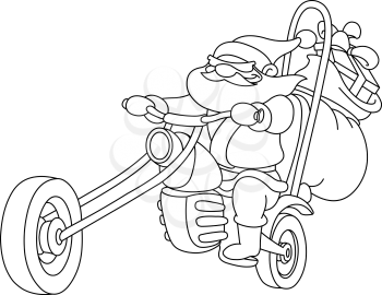 Outlined Santa on a motorcycle. Vector, illustration coloring page.