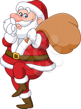 Sneaky santa claus showing silence sign and tip toeing carrying gifts sack