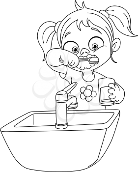 Outlined young girl brushing her teeth. Vector illustration coloring page.