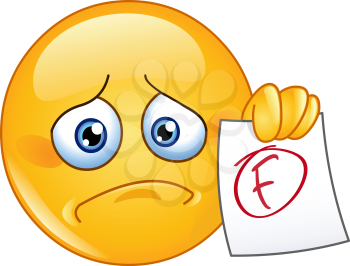 Disappointed emoticon showing a paper with F failure grade 