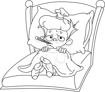 Outlined sick kid lying in bed. Vector illustration coloring page.