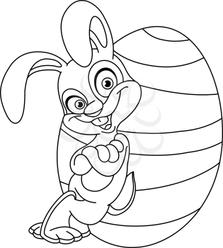 Outlined happy bunny leaned against a big Easter egg. Vector illustration coloring page.