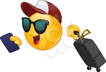 Hurrying Air traveler emoticon holding his passport and dragging a suitcase