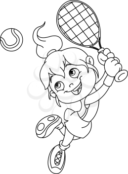 Outlined young girl playing tennis. Vector illustration coloring page.