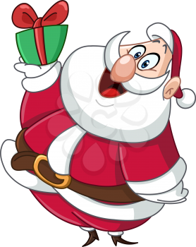 Happy fat Santa clause carrying a small Christmas gift box