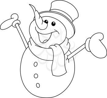Outlined happy snowman looking up and raising his arms. Vector illustration coloring page.