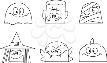 Outlined Halloween character faces set. Ghost, green monster, mummy, witch, vampire and pumpkin. Vector illustration coloring page.