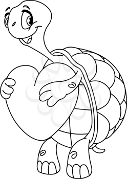 Outlined turtle holding a heart. Vector illustration line art coloring page.