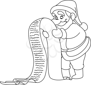Outlined Santa Claus reading a long Christmas wish list. Vector illustration coloring page.