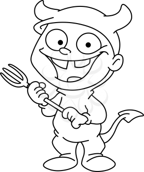Outlined smiling kid in a devil costume celebrating Halloween. Vector illustration coloring page.