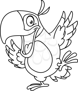 Outlined happy parrot dancing. Vector line art illustration coloring page.