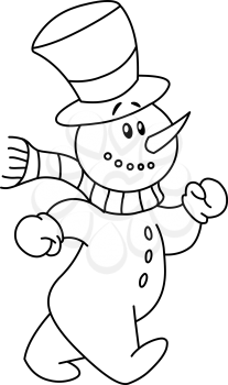 Outlined Cheerful snowman walking. Vector line art illustration coloring page.