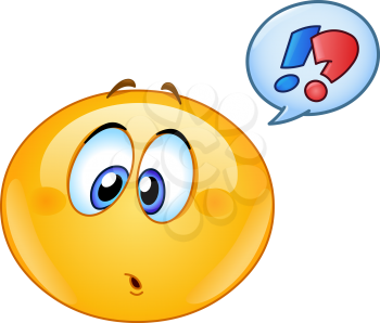 Confused emoticon with question and exclamation marks in speech bubble