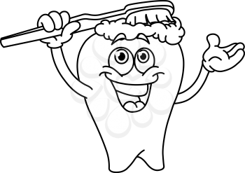 Outlined cartoon tooth brushing itself. Vector line art illustration coloring page.
