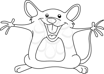 Outlined happy mouse raising his arms. Vector line art illustration coloring page.