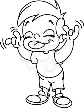 Outlined kid making a face and showing his tongue. Vector line art illustration coloring page.