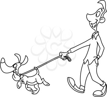 Outlined man walking dog. Vector line art illustration coloring page.
