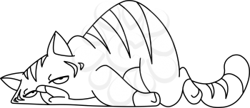 Outlined tired cat lying on front. Vector line art illustration coloring page.
