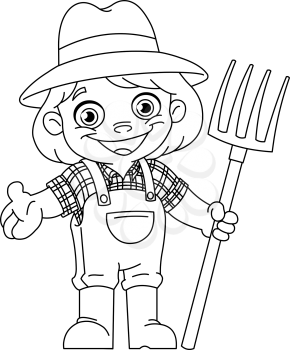 Outlined happy young girl farmer holding a pitchfork. Vector line art illustration coloring page.
