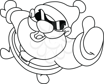 Outlined high angle view of Santa Claus in sunglasses showing thumb up. Vector line art illustration coloring page.