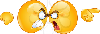 Two angry emoticons arguing with forehead against other