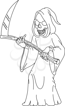 Outlined laughing grim reaper holding a scythe. Vector line art illustration coloring page.
