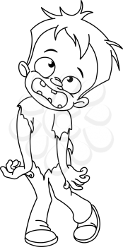 Outlined kid in a zombie costume celebrating Halloween. Vector line art illustration coloring page.