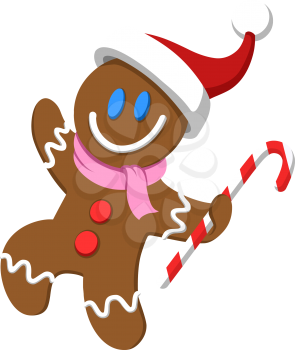 Happy Christmas gingerbread man wearing santa hat and holding a candy cane